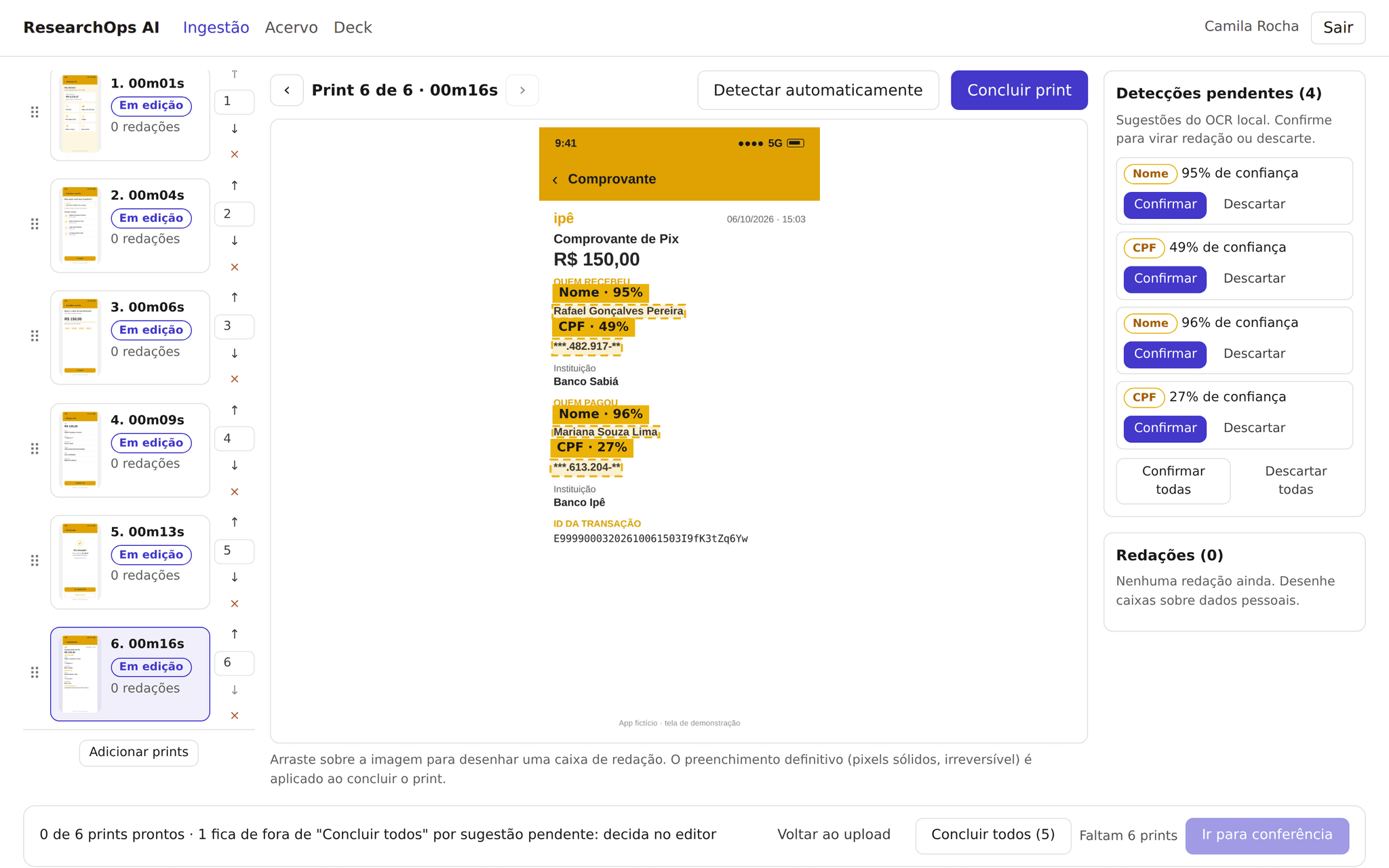 Editor de anonimização com um comprovante de Pix de um banco fictício: a detecção marcou dois nomes e dois CPFs mascarados, cada um com o tipo e a confiança, e o painel à direita lista as sugestões com Confirmar e Descartar